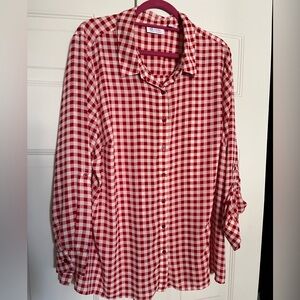 Denim & Co Gingham Print Plaid Button Down Blouse